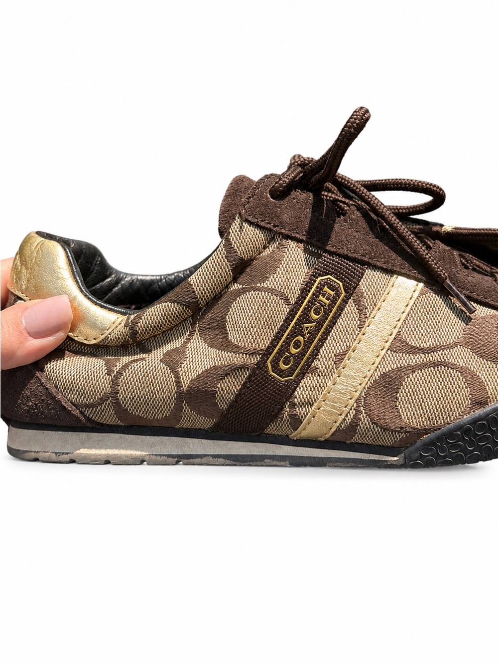 Coach Kate signature C Brown suede leather gold trim sneakers shoes 7